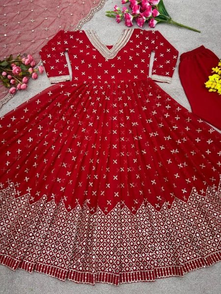 Red Faux Georgette Sequence Anarkali Gown  Ready To Wear Collection