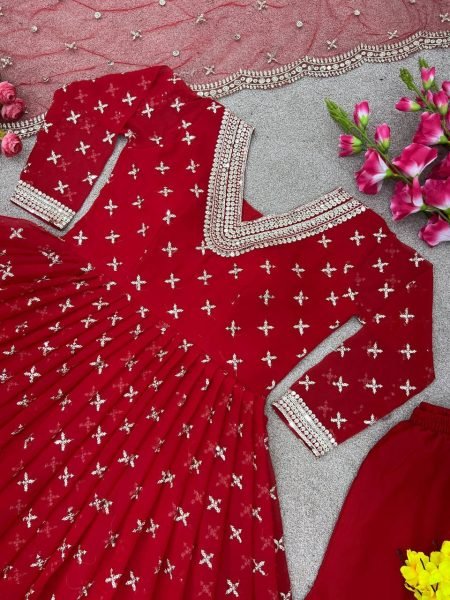 Red Faux Georgette Sequence Anarkali Gown  Ready To Wear Collection