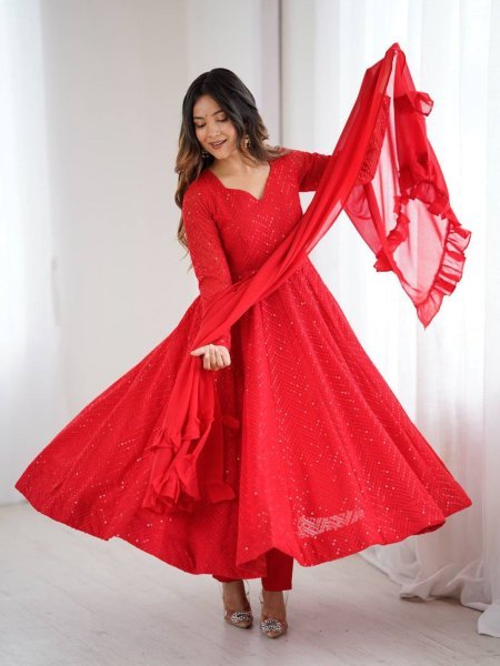 Red Fox Georgette 4 Mtr Flair Anarkali Suit with Pant and Dupatta Export Collection 
