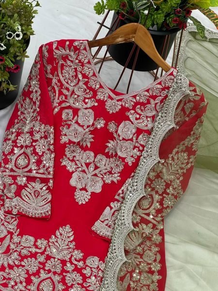 Red Georgette Embroidered Plazzo Suit with Butterfly Net Dupatta Ready to Wear for Weddings Ready To Wear Collection
