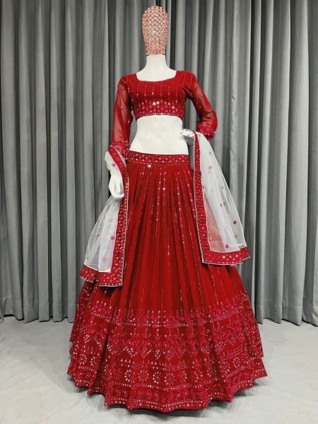 Red Georgette Embroidered With Sequnce Work Party Wear Lehenga Choli With Dupatta Designer Lehenga Choli