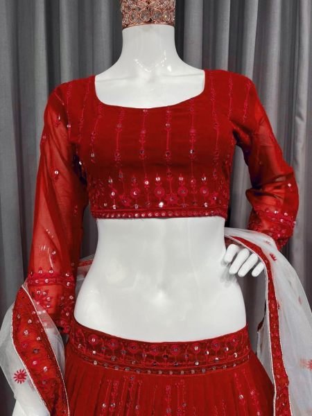 Red Georgette Embroidered With Sequnce Work Party Wear Lehenga Choli With Dupatta Designer Lehenga Choli