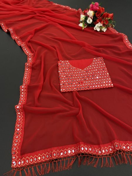 Red Georgette Fancy Thread Work With Real Mirror Hand Work Saree  Georgette Sarees Wholesale