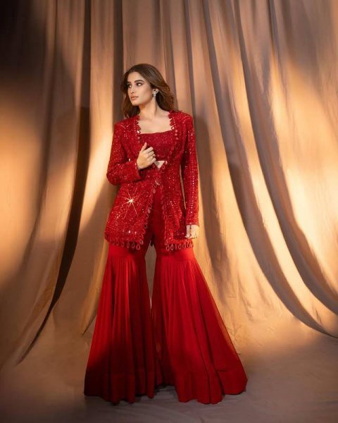 Red Georgette Gharara Jacket Set with Mirror Work Luxurious Crop Top  Palazzo for Party    Wedding Wear Celebrity Look at Affordable Price Ready To Wear Collection