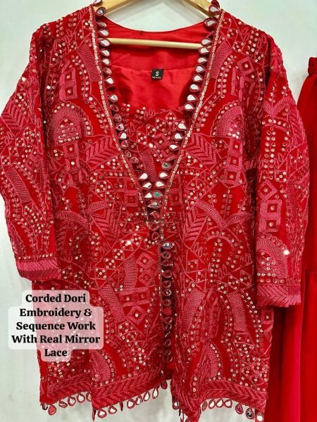 Red Georgette Gharara Jacket Set with Mirror Work Luxurious Crop Top  Palazzo for Party    Wedding Wear Celebrity Look at Affordable Price Ready To Wear Collection