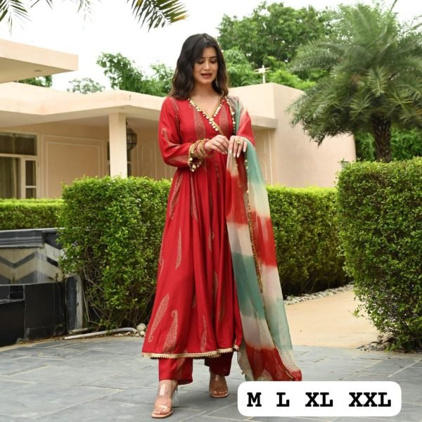 Red Golden Handblock Anarkali Suit Set 3 Piece Kurti Set