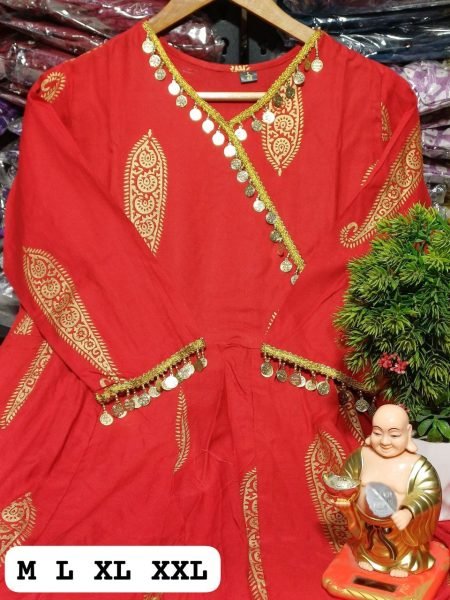 Red Golden Handblock Anarkali Suit Set 3 Piece Kurti Set