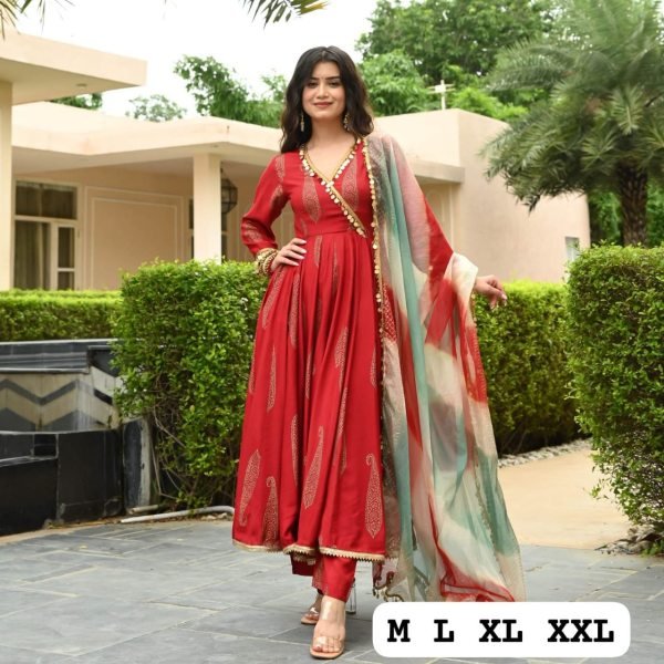 Red Golden Handblock Anarkali Suit Set 3 Piece Kurti Set
