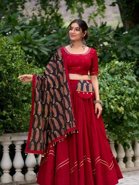 Red Mirror Work Navratri Wear Lehenga Choli With Dupatta Set 