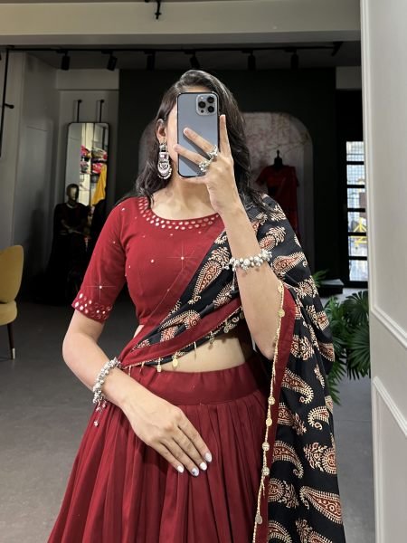 Red Mirror Work Navratri Wear Lehenga Choli With Dupatta Set Navratri Lehnega Choli