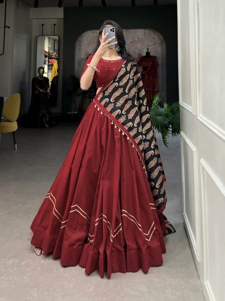 Red Mirror Work Navratri Wear Lehenga Choli With Dupatta Set Navratri Lehnega Choli