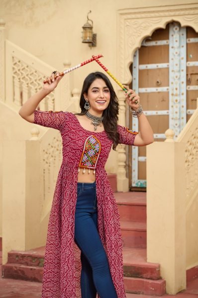Red Navratri Kurti in Faux Georgette with Traditional Kutchi Embroidery Ideal for Graba Look Navratri Collection