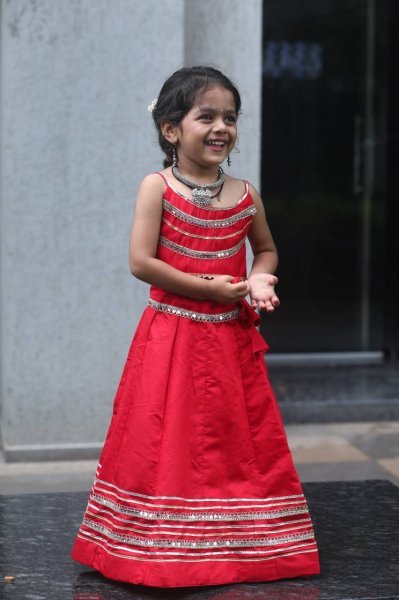 Red Premium Roman Silk Kids Garba Lehenga Choli Festive Celebration Wear Girls Wear