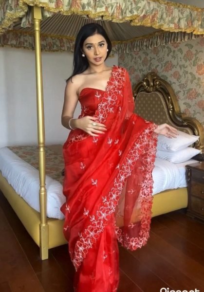 Red Pure Organza Saree with Thread Embroidery work    Ready To Wear Saree 
