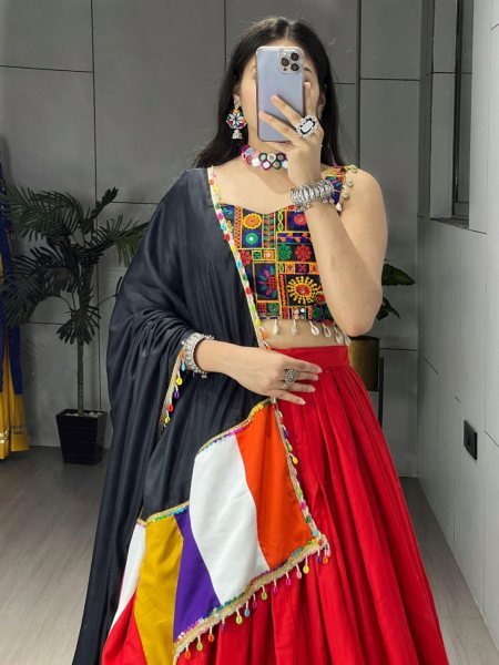 Rayon Cotton Navratri Mirror And Gamthi Work Latest Collection  Lehenga