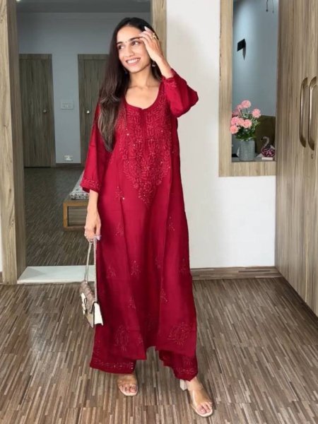Red Rayon Top and Palazzo with Heavy Embroidery Perfect Choice for Guests Kurtis