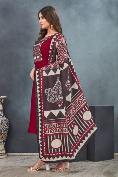 Red Roman Silk  Indian suit set with Pure Cotton Dupatta For Women Daily Wear 3 Piece Kurti Set