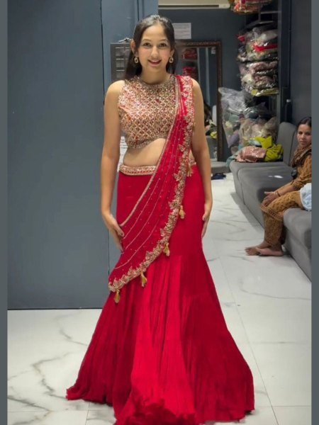 Red Ruffle Georgette Lehenga Saree Perfect for Outdoor Parties &  Weddings 
