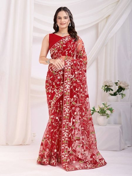 Red Soft Net Saree with Designer Chikankari Work Perfect for Festive Occasions Net Sarees Wholesale
