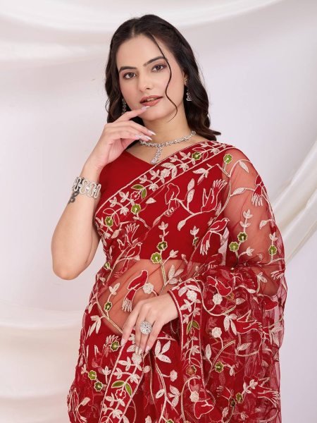 Red Soft Net Saree with Designer Chikankari Work Perfect for Festive Occasions Net Sarees Wholesale