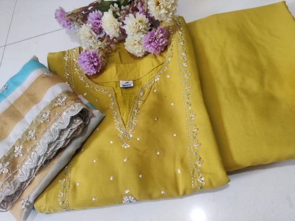 Regal Roman Silk Kurti Set with Elegant Taby Silk Dupatta For girl and women 3 Piece Kurti Set