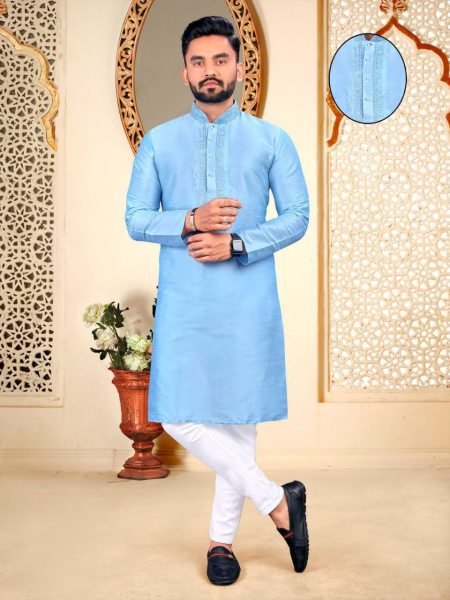 Remarkable Men's Traditional Pure Malbari Cotton Kurta with Embroidery Neck Patter Kurta Pajama Wholesale