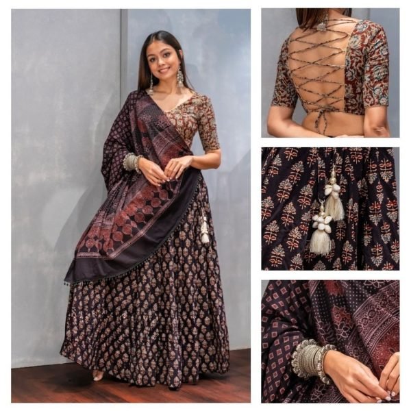 Reyon Printed Black Chaniya Choli  Navratri Lehnega Choli