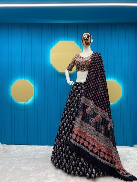 Reyon Printed Black Chaniya Choli  Navratri Lehnega Choli