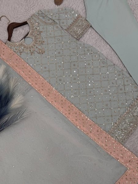 Rich Faux Georgette Embroidered Mirror Work Suit with Pant and Dupatta for Ethnic Wear  Ready To Wear Collection