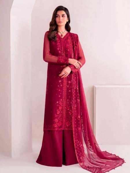 Rich Maroon Embroidered Georgette Palazzo Set with Net Dupatta Festive Wear Collection 