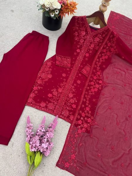Rich Maroon Embroidered Georgette Palazzo Set with Net Dupatta Festive Wear Collection Ready To Wear Collection