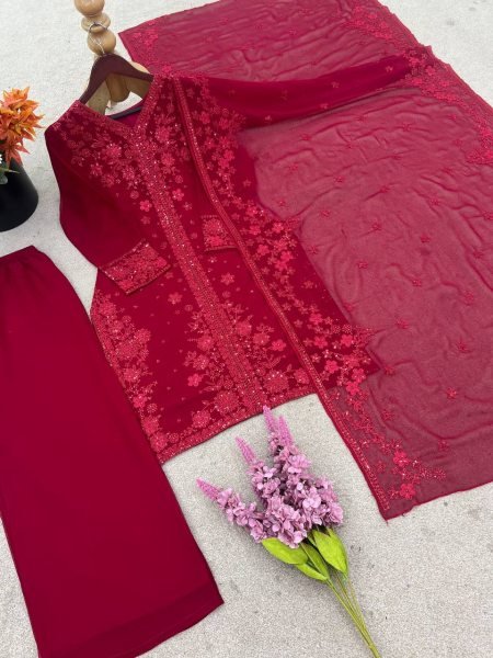 Rich Maroon Embroidered Georgette Palazzo Set with Net Dupatta Festive Wear Collection Ready To Wear Collection