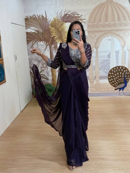 Rich Purple Ready to Wear Designer Saree with Heavy Embroidered Blouse & Belt New Trend at Low Price 