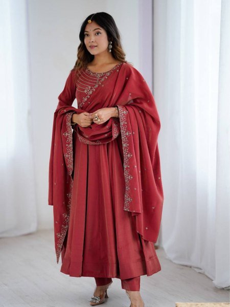 Maroon Roman Shimmer Silk Anarkali Suit with Dupatta Diwali Wholesale Collection 