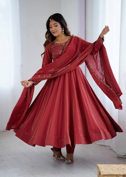 Maroon Roman Shimmer Silk Anarkali Suit with Dupatta Diwali Wholesale Collection Anarkali Kurtis 