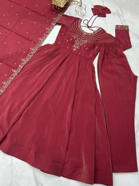 Maroon Roman Shimmer Silk Anarkali Suit with Dupatta Diwali Wholesale Collection Anarkali Kurtis 