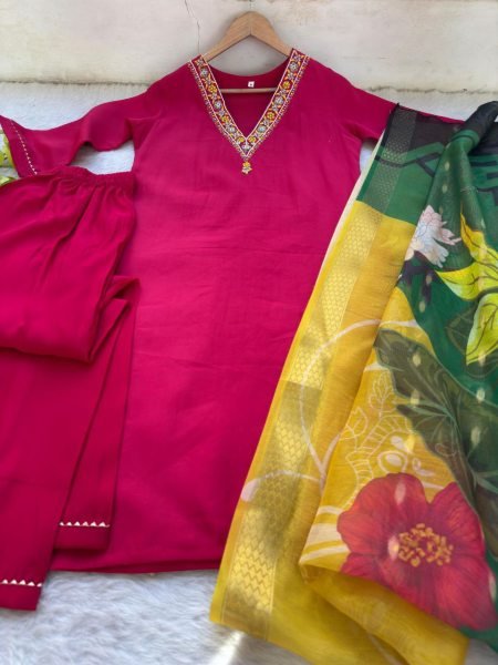 Roman Silk Kurti Pant Dupatta Set Hand Embroidered 3PC with Designer Chanderi Dupatta Wholesale from Surat 3 Piece Kurti Set