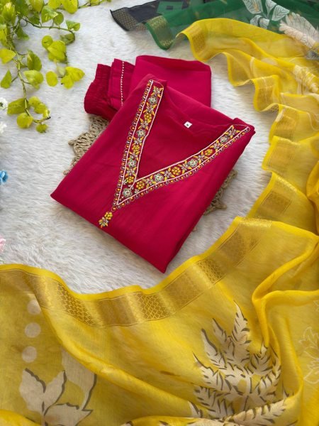 Roman Silk Kurti Pant Dupatta Set Hand Embroidered 3PC with Designer Chanderi Dupatta Wholesale from Surat 3 Piece Kurti Set