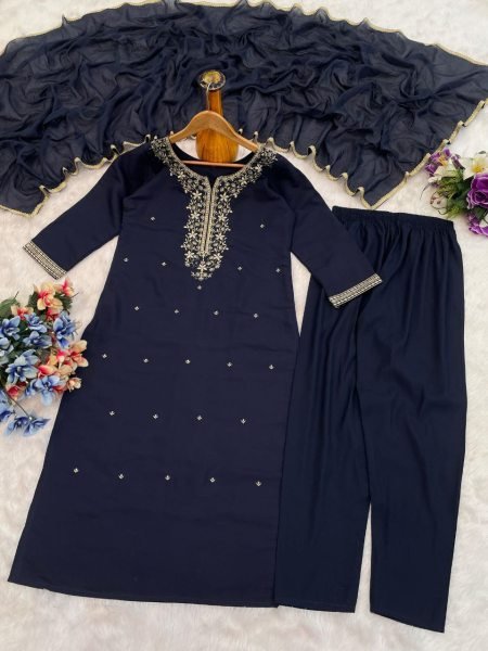 Roman Silk Straight Kurta Pant Set with Chanderi Silk Embroidery Work Perfect for Weddings 3 Piece Kurti Set