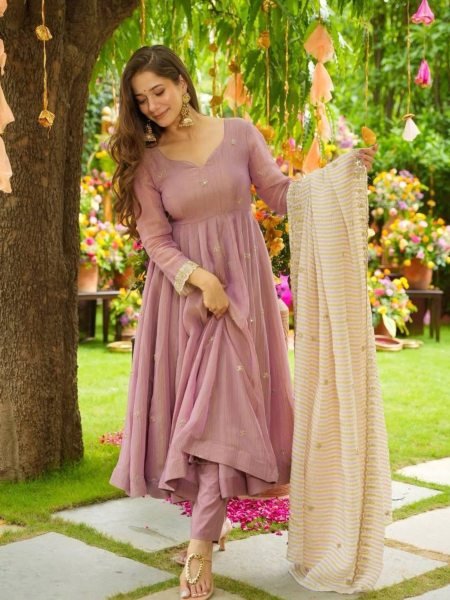 Rose Pink Faux Georgette Anarkali Kurti 3Pc Set with Embroidery and Striped Dupatta  