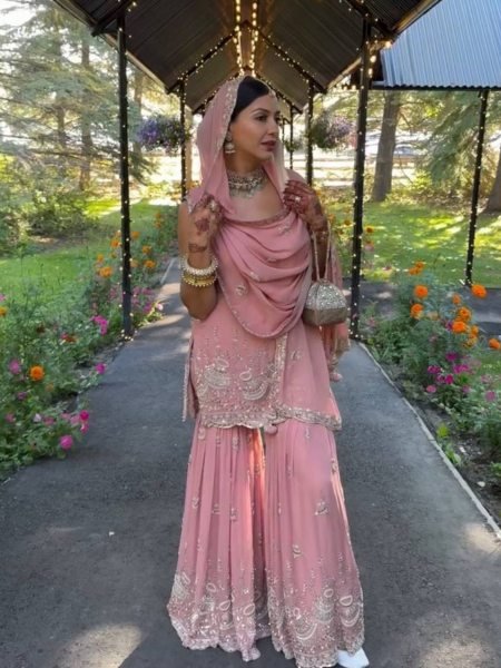 Rose Pink Faux Georgette Sharara Palazzo Suit with Embellished Dupatta Ready to Wear Ethnic Style 