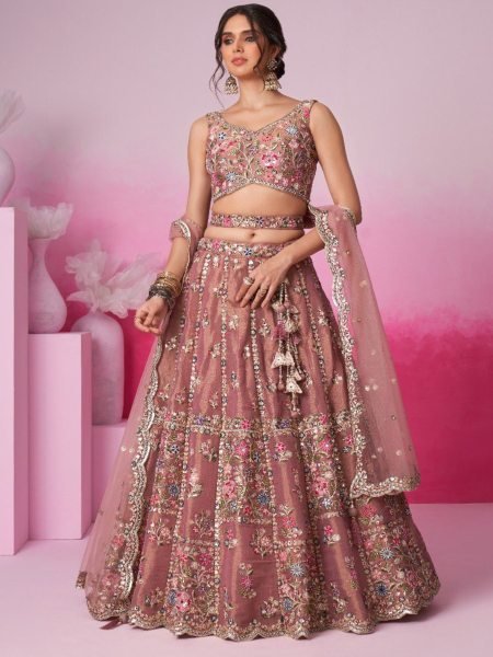 Rose Pink Net Embroidered and Sequin Bridal Lehenga Colletion For Resaller for Weddings 