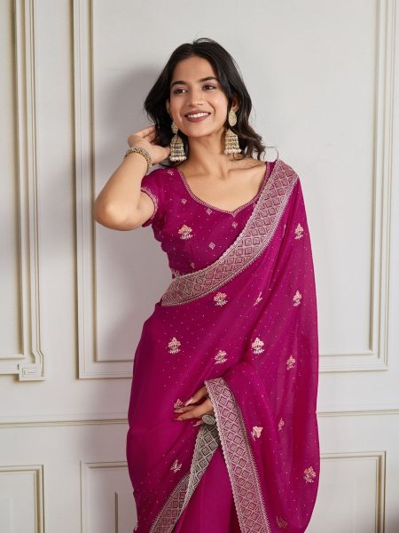 Rose Pink Star Georgette Saree with Embroidered Butta and Designer Border  Sarees 