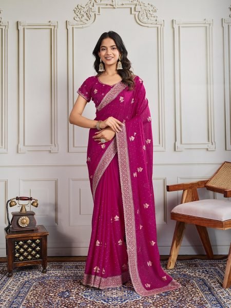 Rose Pink Star Georgette Saree with Embroidered Butta and Designer Border  Georgette Sarees Wholesale
