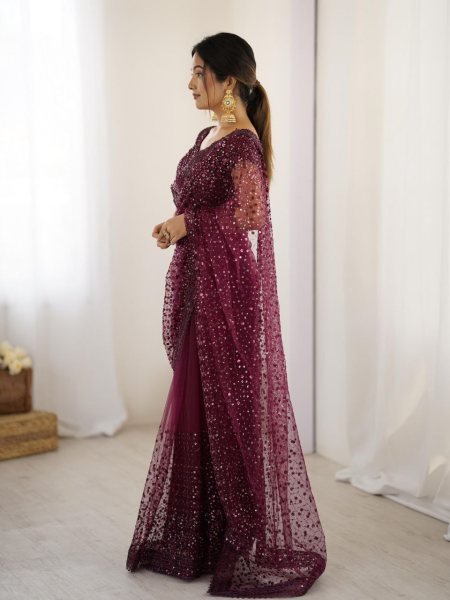 Rose Red Designer Net Saree with Unstitched Blouse A Perfect Look for Celebrations Designer Wedding Sarees Wholesale