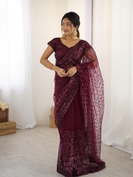 Rose Red Designer Net Saree with Unstitched Blouse A Perfect Look for Celebrations Designer Wedding Sarees Wholesale