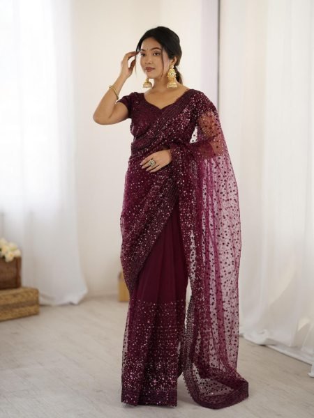 Rose Red Designer Net Saree with Unstitched Blouse A Perfect Look for Celebrations Designer Wedding Sarees Wholesale