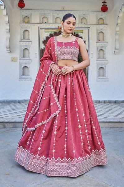 Rose Red Heavy Silk Lehenga Set with Sequins &  Embroidery Made for Grand Celebrations Designer Lehenga Choli