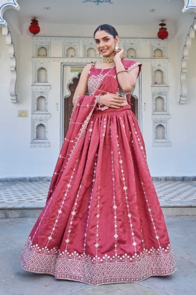 Rose Red Heavy Silk Lehenga Set with Sequins &  Embroidery Made for Grand Celebrations Designer Lehenga Choli