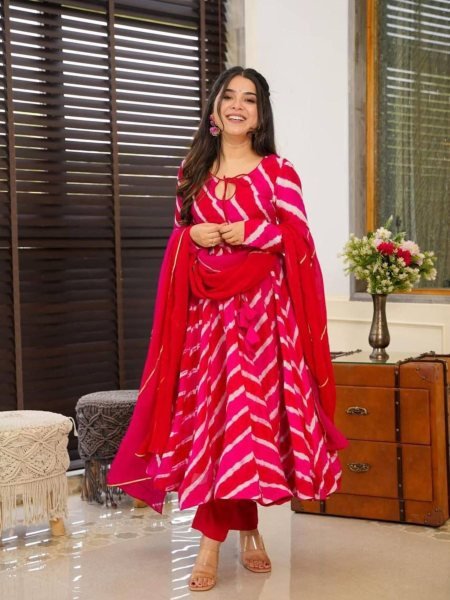 Rosy Style Women's Casual Lehriya Design Muslin Gown Kurti Set with Chanderi Pants   Chinon Dupatta Kurtis